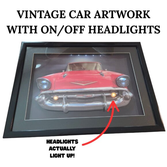 VINTAGE CAR ARTWORK WALL DECOR WITH HEADLIGHTS THAT ACTUALLY LIGHT UP! - Picture 1 of 2